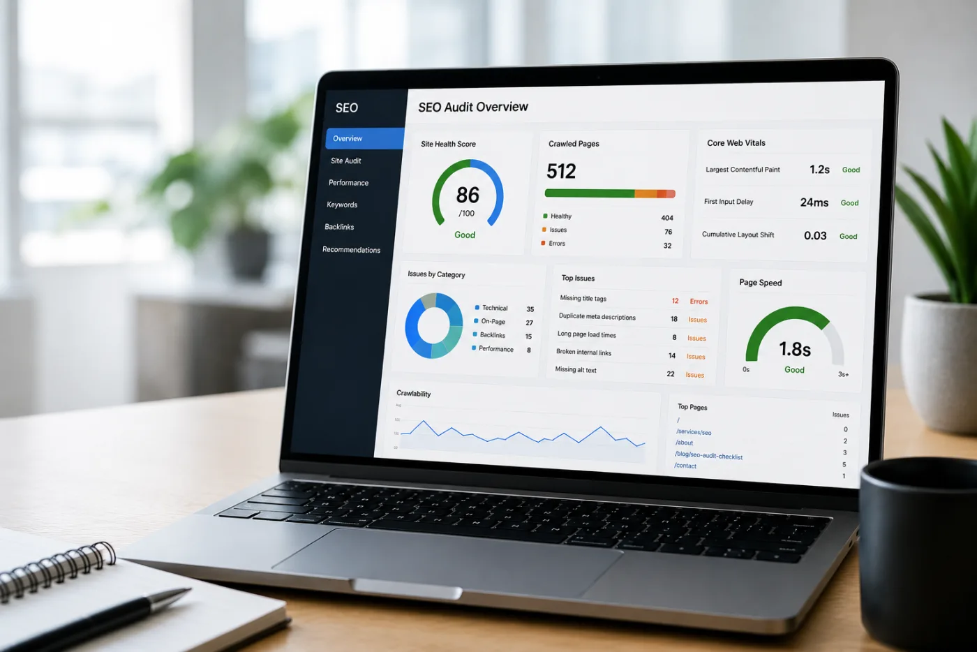 SEO audit overview dashboard showing site health score, Core Web Vitals, crawled pages, and prioritized issues on a laptop