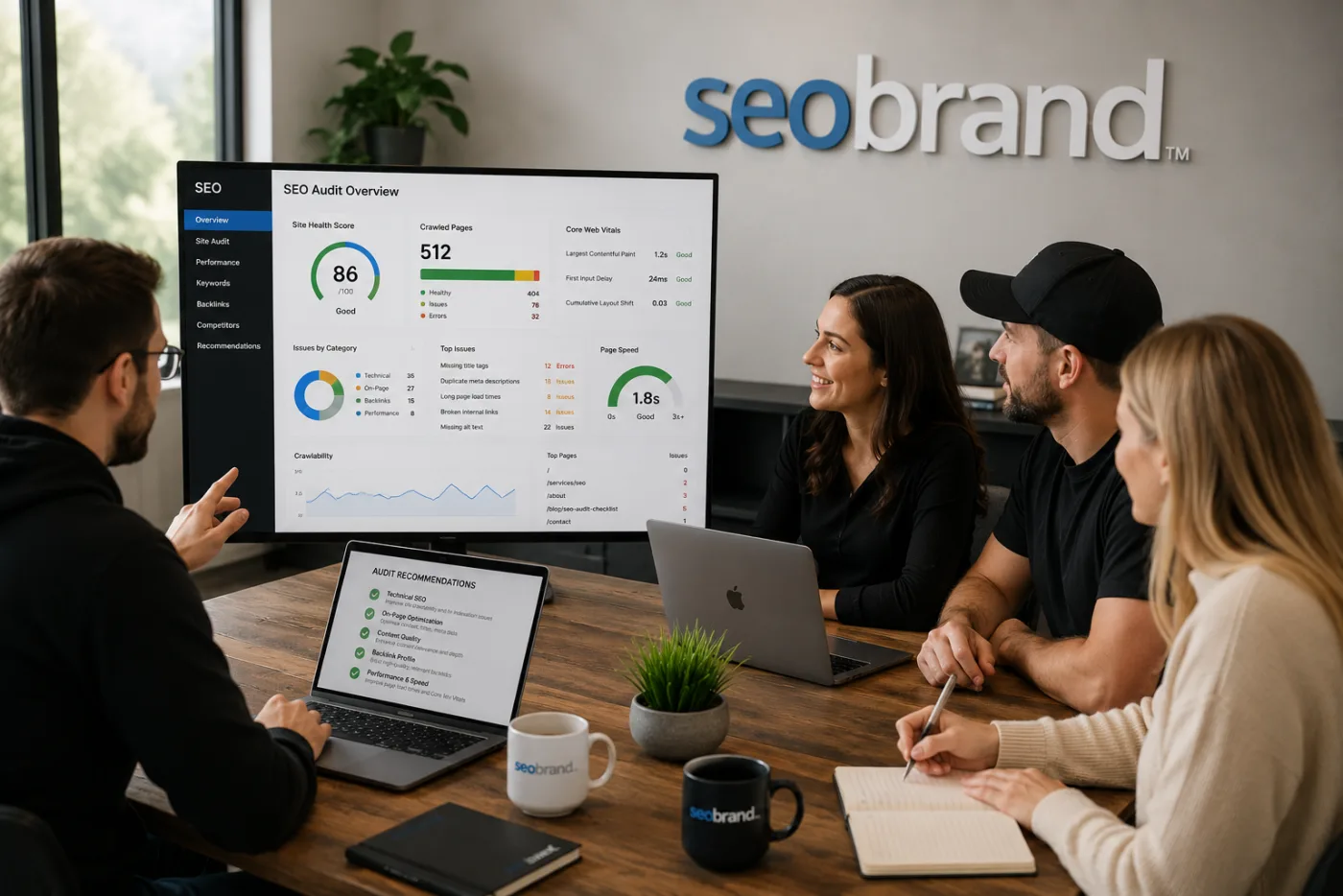 SEO Brand team reviewing an SEO audit dashboard together in a strategy session