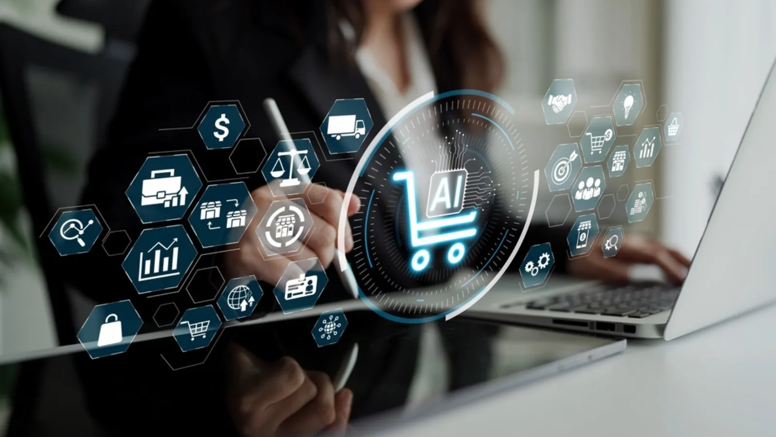 Ecommerce and AI shopping icons above a laptop