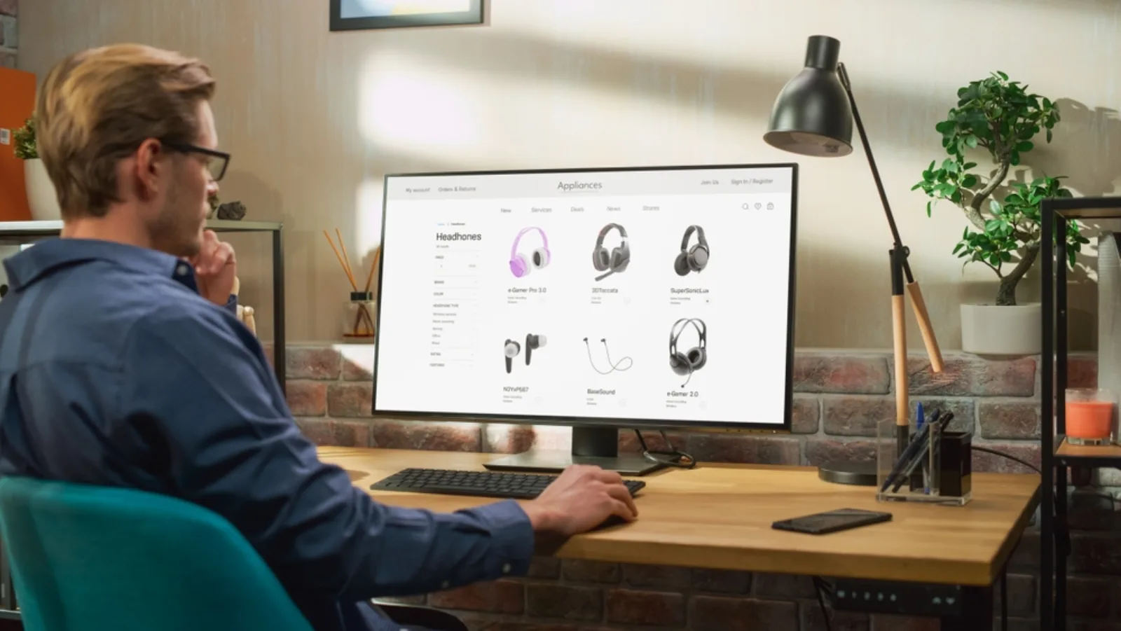 Shopper browsing headphone product listings on an online store