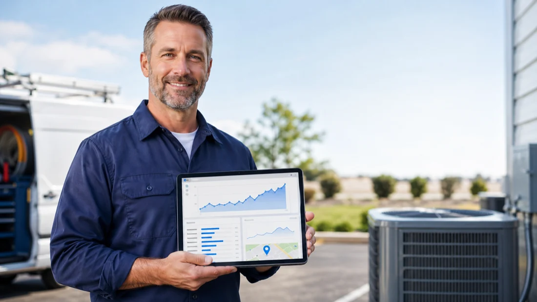 HVAC technician reviewing marketing performance on a tablet