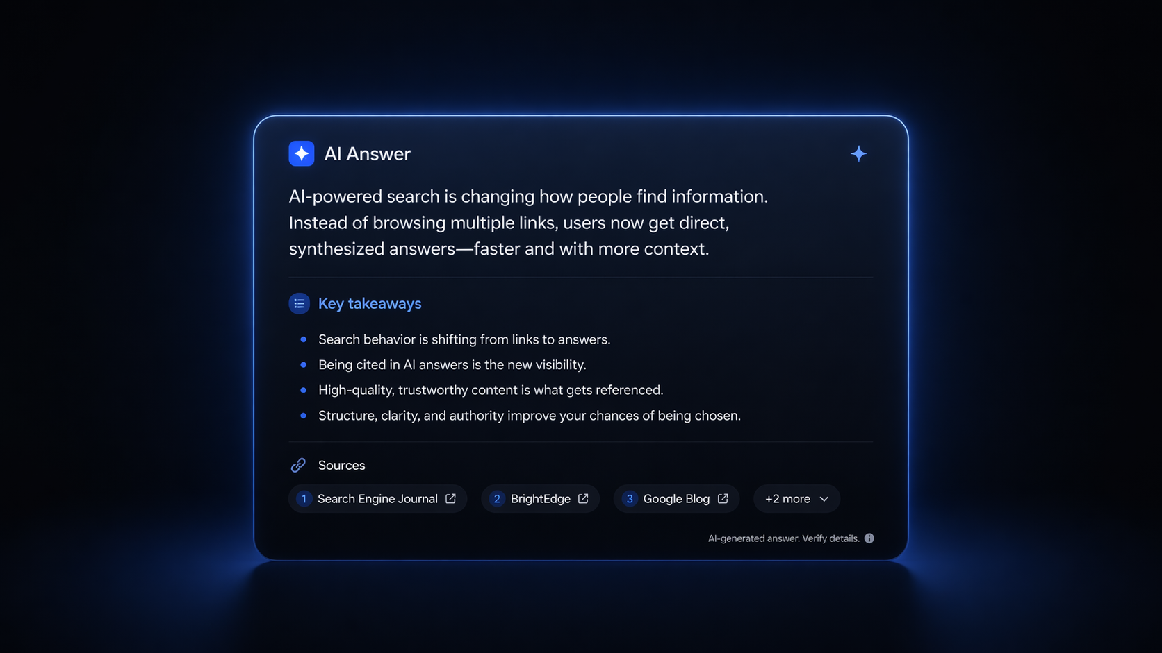 AI-generated answer interface showing structured response with bullet points and cited sources, illustrating the shift from traditional search results to AI-driven answers