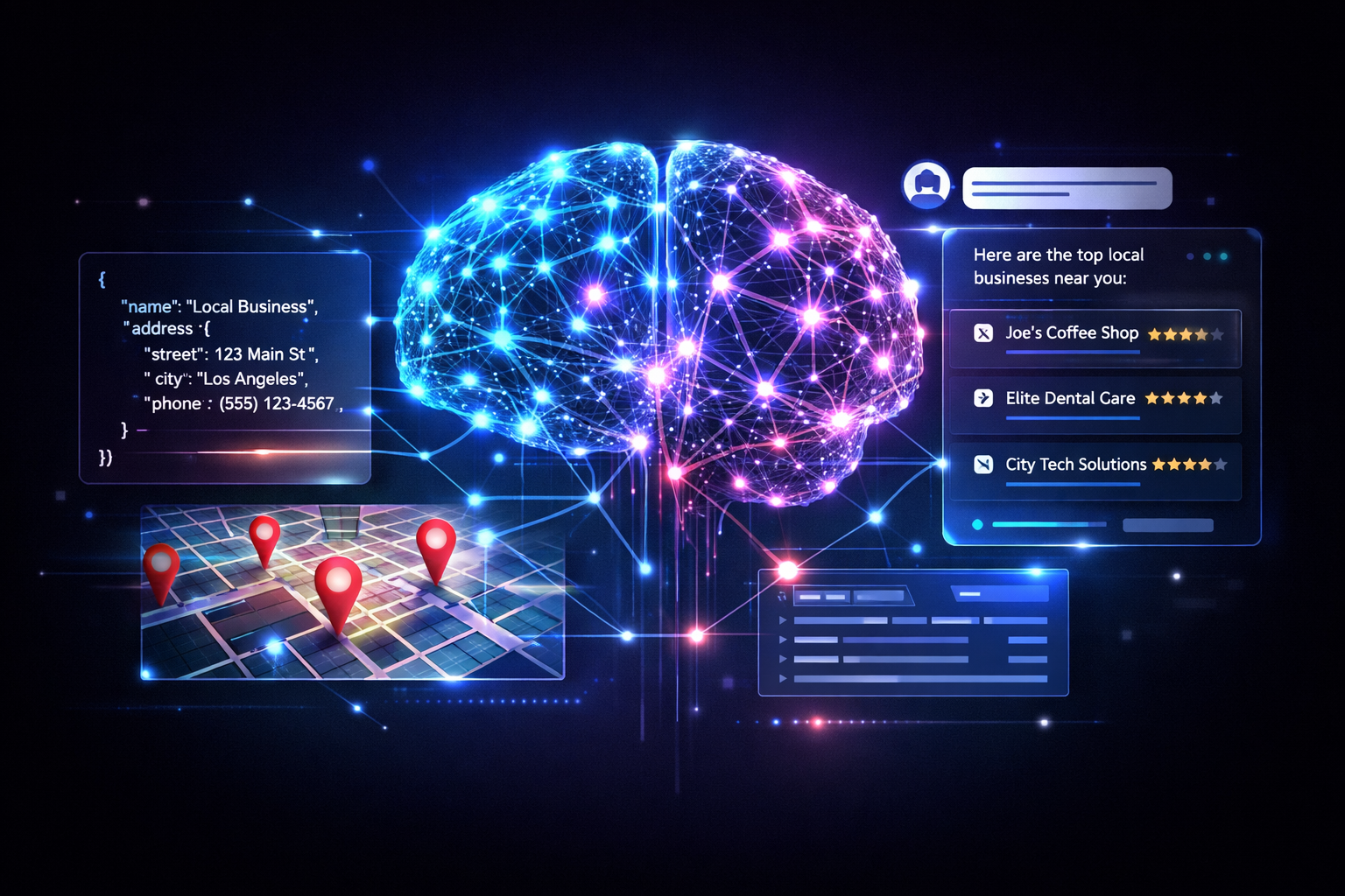 AI brain connected to structured data, local map pins, and search results illustrating how schema markup helps AI understand local businesses