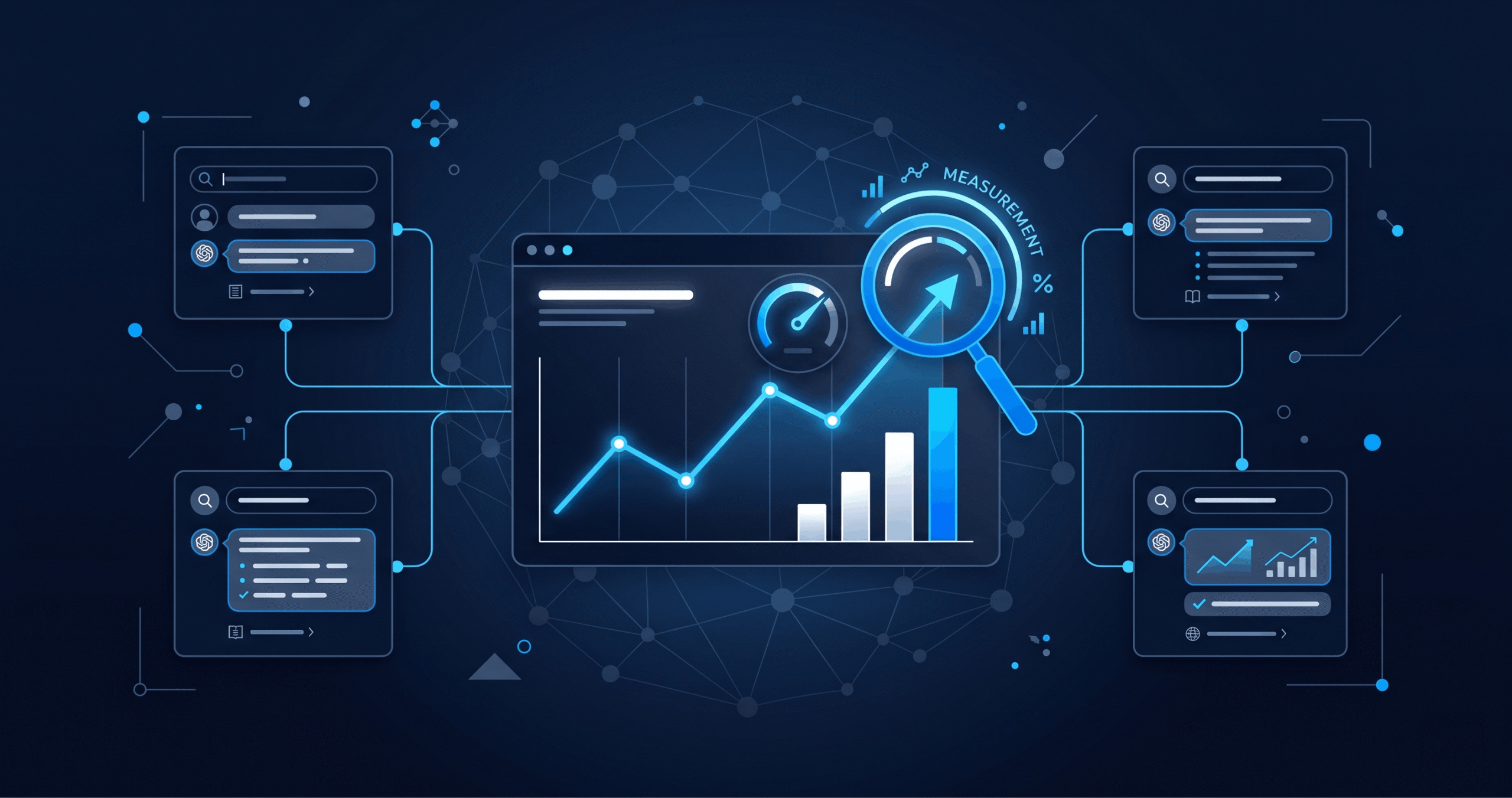 Analytics dashboard with rising chart and magnifying glass tracking SEO performance across AI search platforms like ChatGPT and Gemini