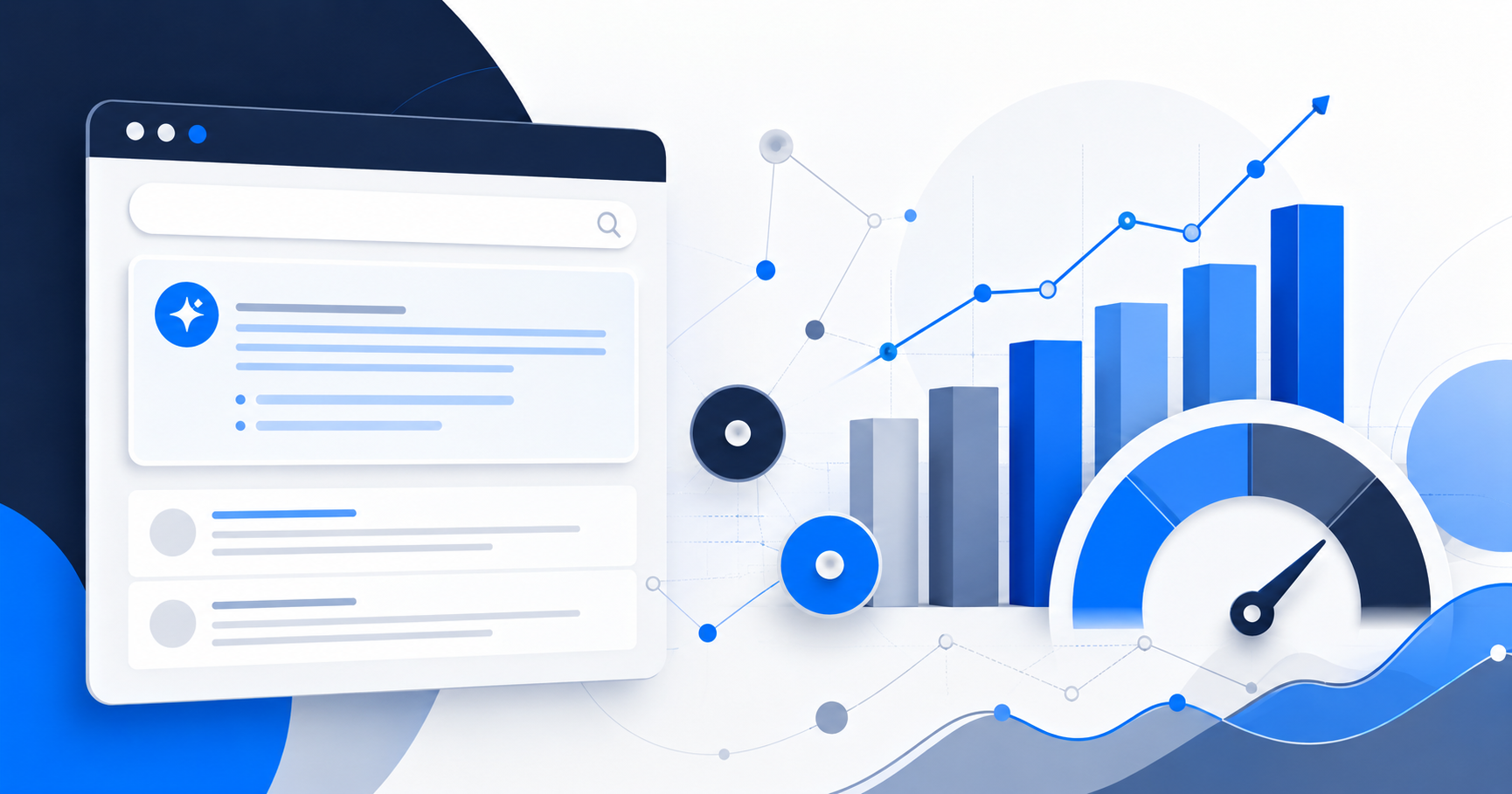 Illustration of measuring SEO ROI in a zero-click world, a search result answered on-page with rising charts showing value without a click.