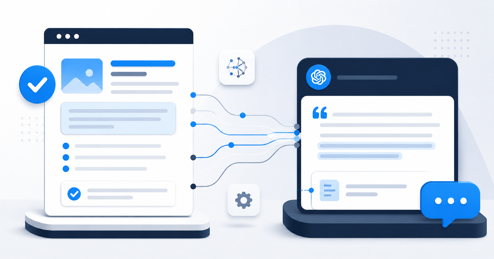 Modern vector illustration of a structured content page connected to an AI answer panel that cites the content, representing content optimization for AI search engines and generative AI visibility.