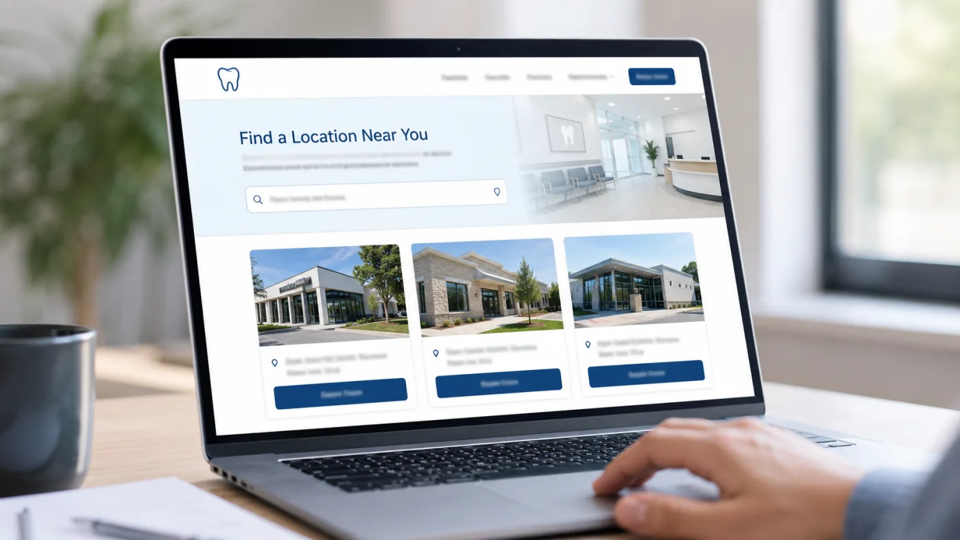 Dental website location page shown on a screen