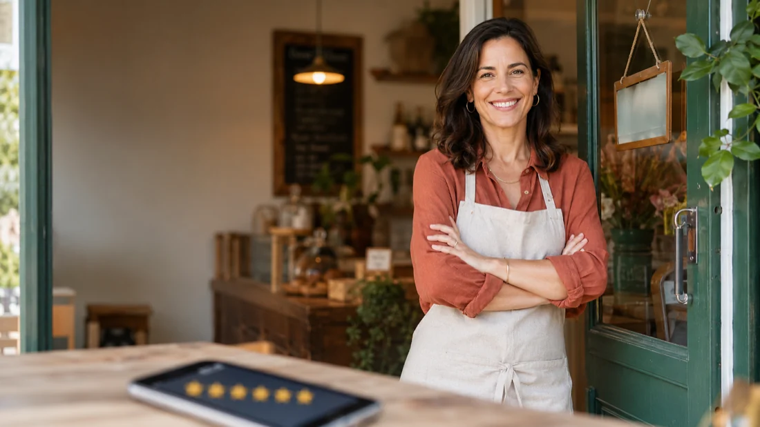 Small business owner standing in the doorway of their local storefront