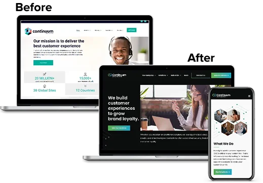 Before and after website redesign for Continuum, shown on laptop and mobile